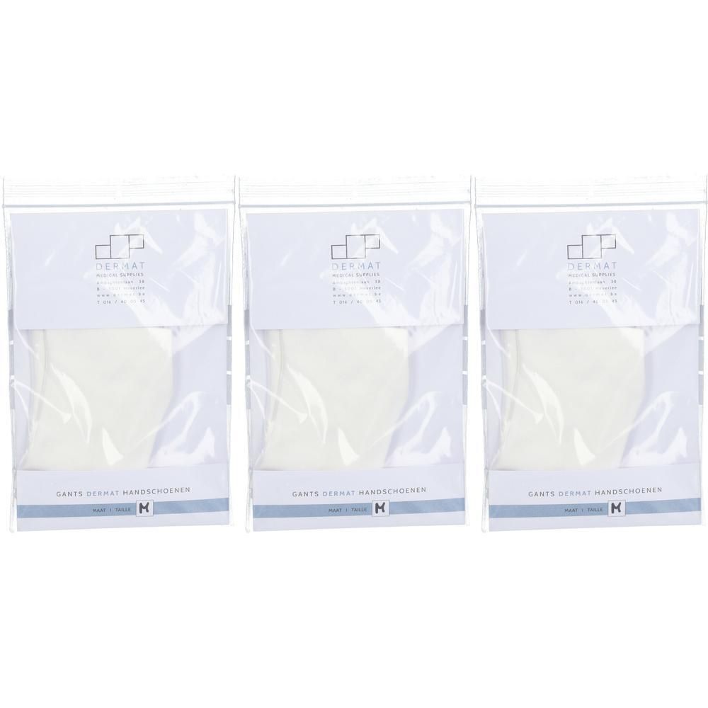 Trois paires de gants en coton blanc, emballés individuellement.