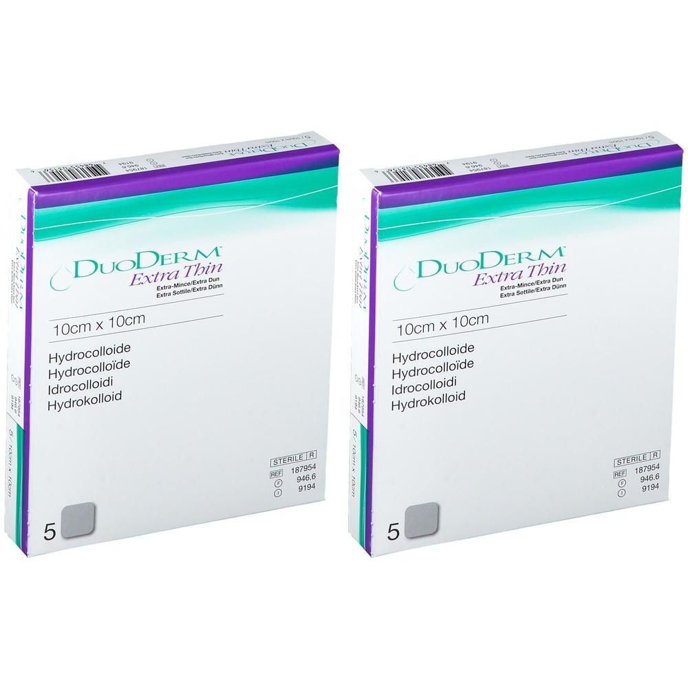 Deux boîtes de pansements DuoDERM Extra Thin Hydrocolloïde, 10cm x 10cm.