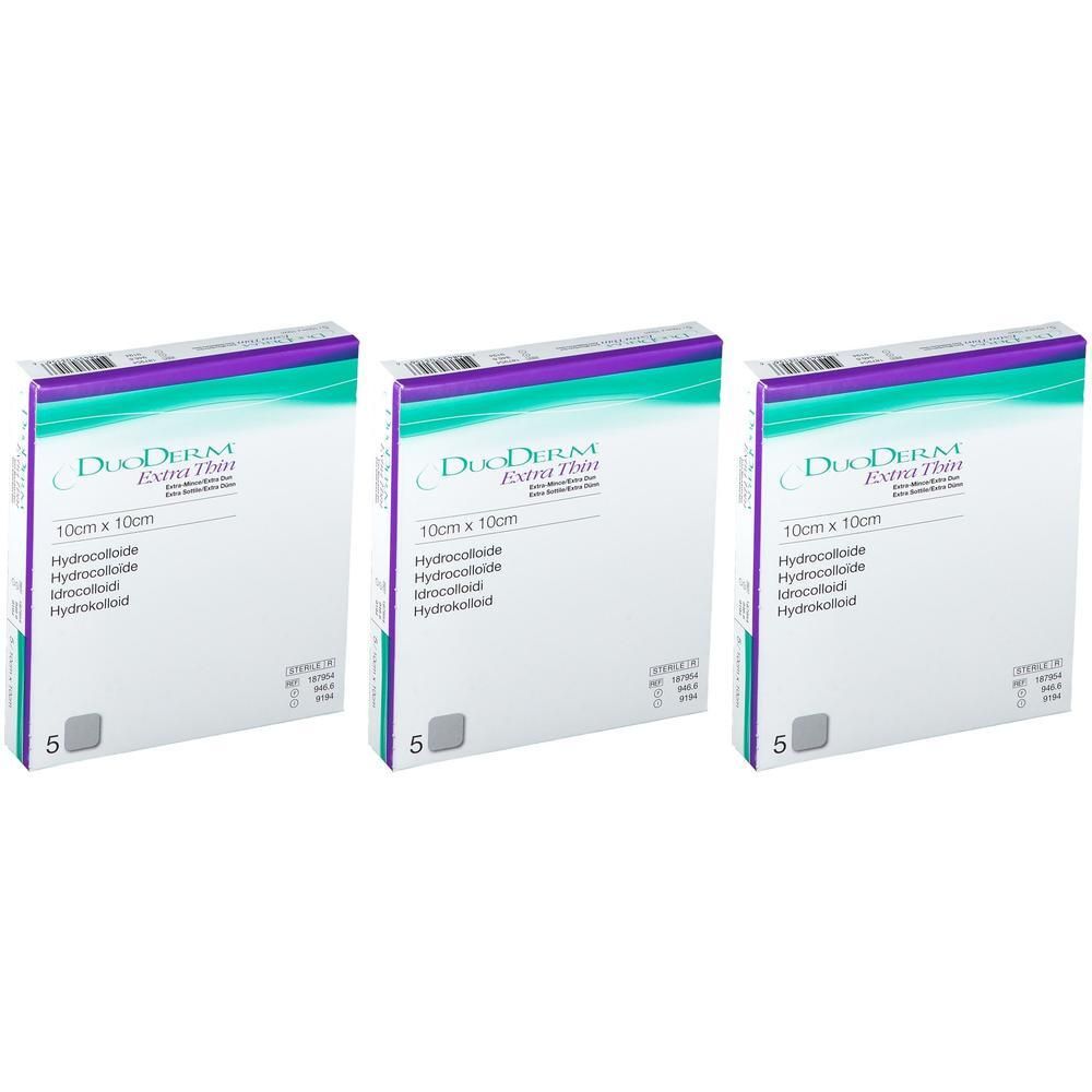 Drie pakken DuoDERM Extra Thin hydrocolloïde verbanden, 10cm x 10cm.