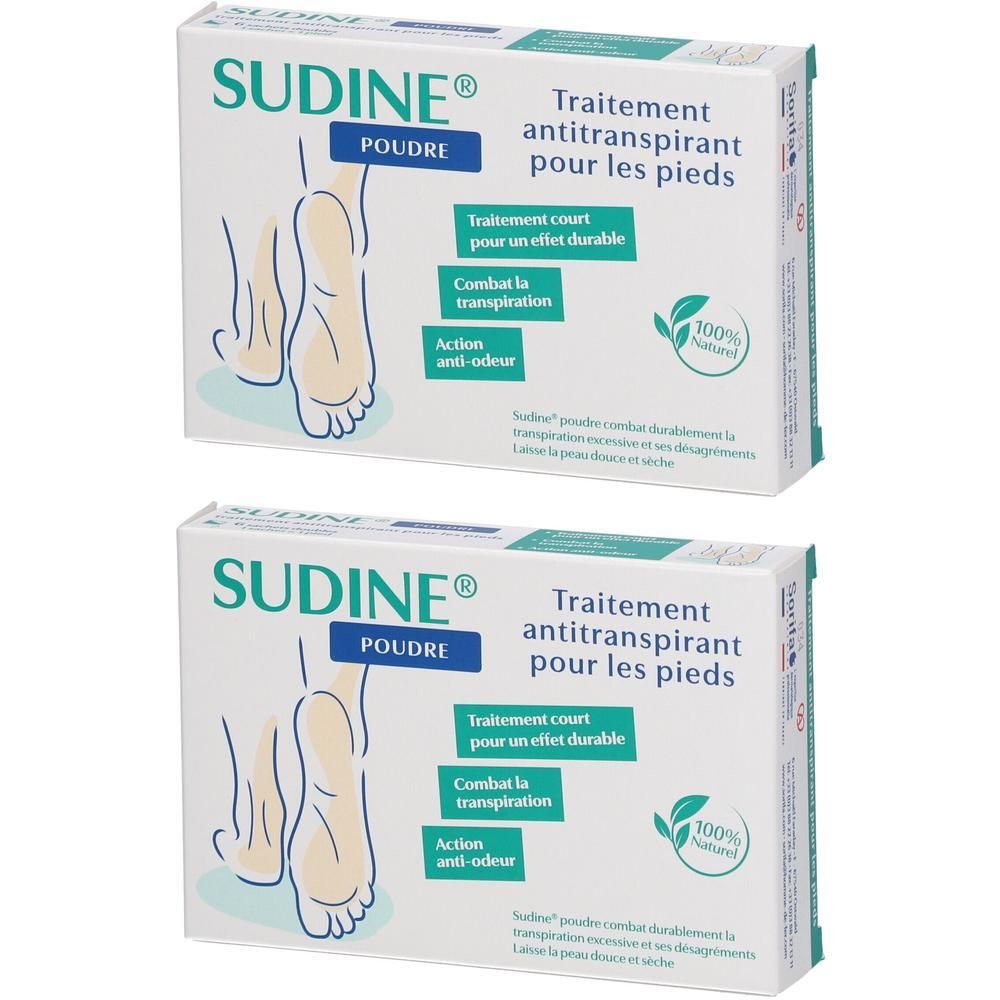 Deux boîtes de poudre SUDINE®, traitement antitranspirant pour les pieds. Illustration de pieds.