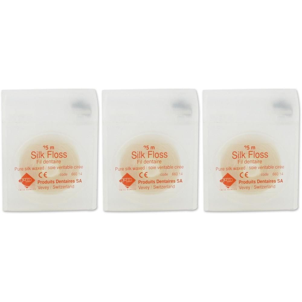 Drie pakjes tandzijde van pure zijde, gewaxt, 25m.