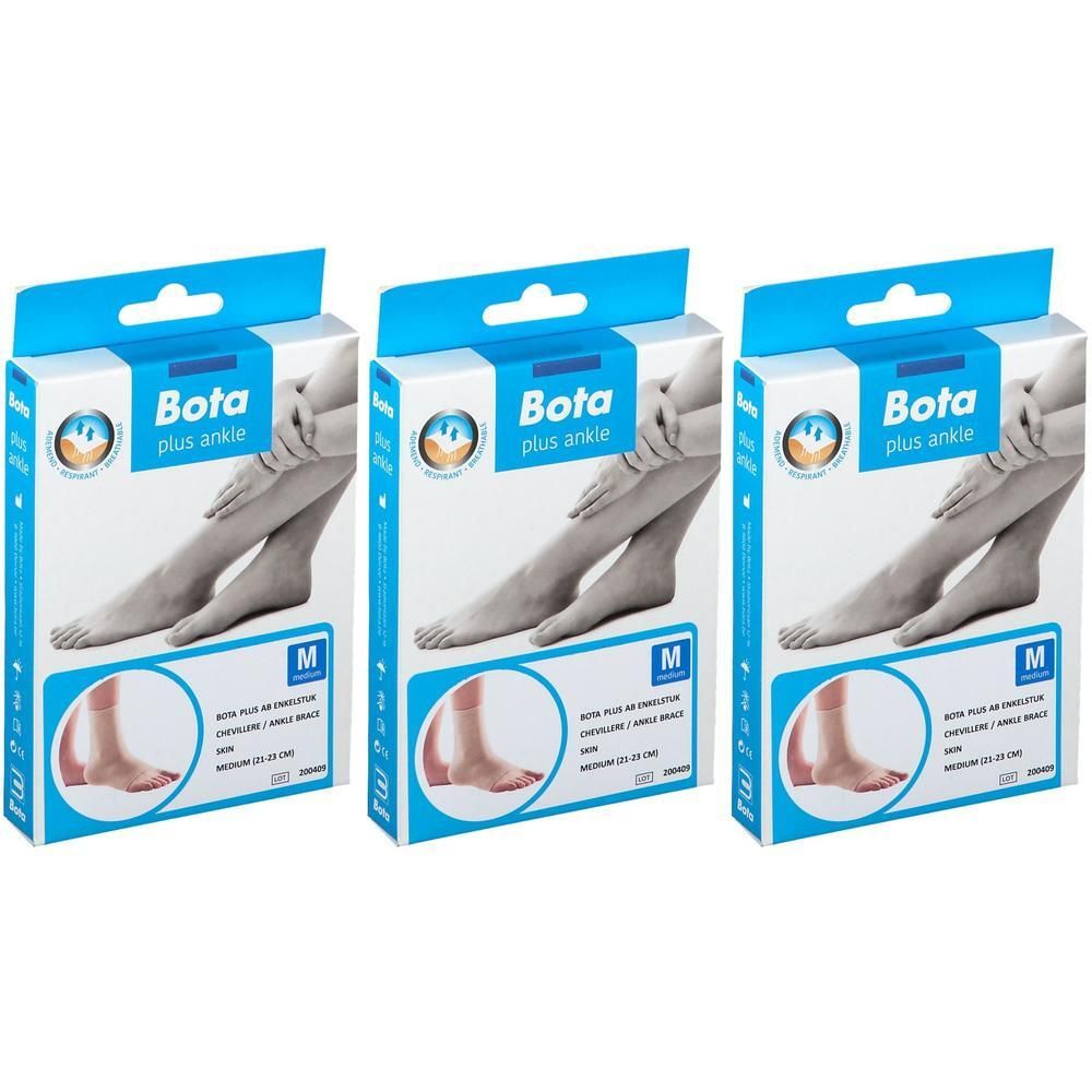 Trois paquets de Bota Plus AB Cheville Taille M. Montre une femme portant un bandage.