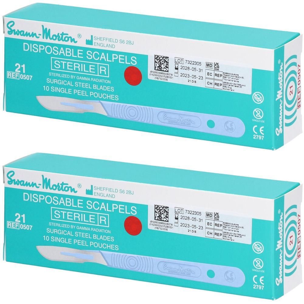 Twee pakken Swann-Morton scalpel nr. 21, steriel, chirurgisch stalen bladen, 10 stuks.