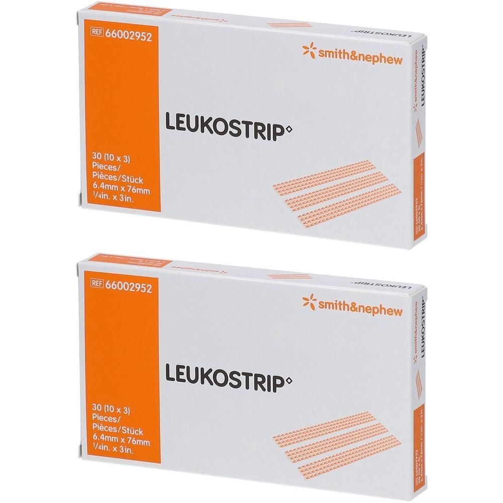 Deux boîtes de Leukostrip, chacune contient 30 pièces (6,4mm x 76mm). Marque Smith & Nephew.