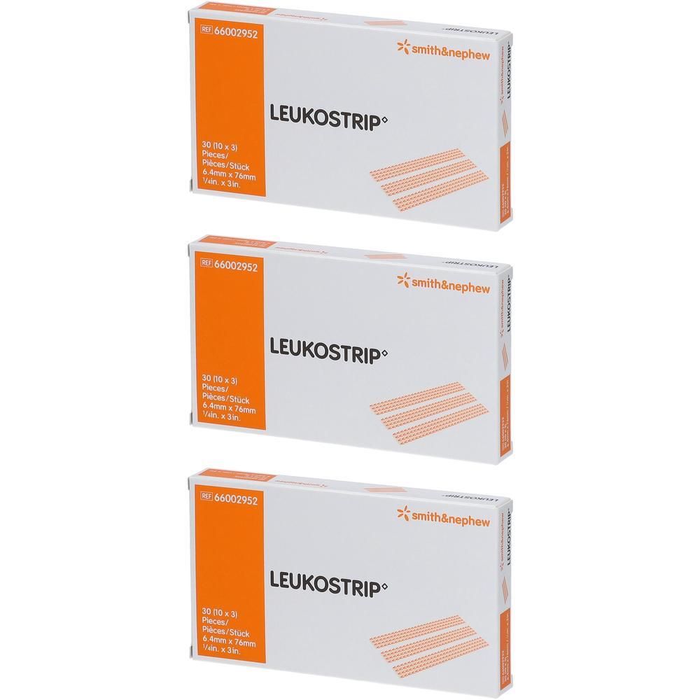 Trois paquets de pansements Leukostrip, 6.4mm x 76mm. Marque Smith & Nephew.
