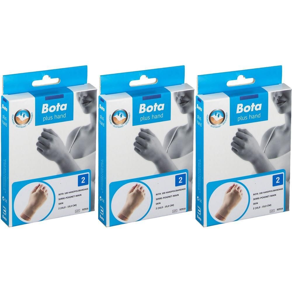Drie verpakkingen Bota pols-hand-duimbrace, maat 2, huidskleur.