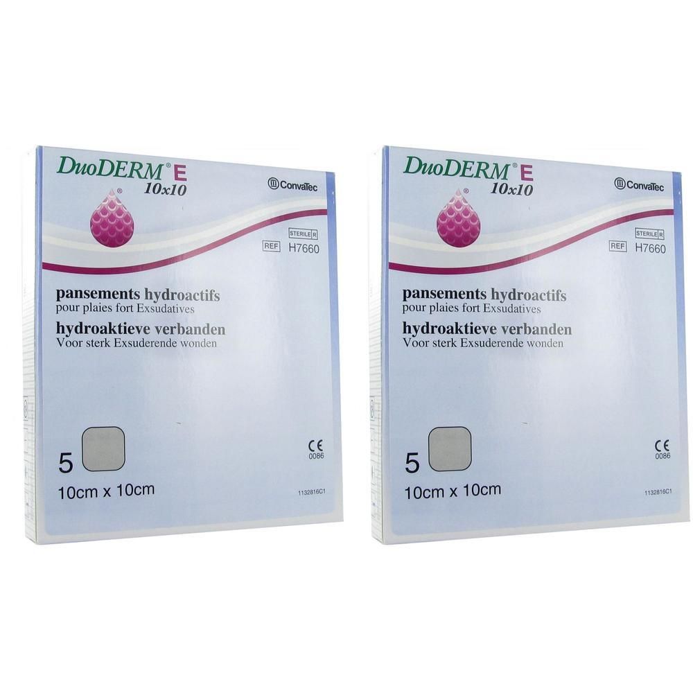 Deux paquets de pansements hydroactifs DuoDERM E 10x10cm pour plaies fortement exsudatives.