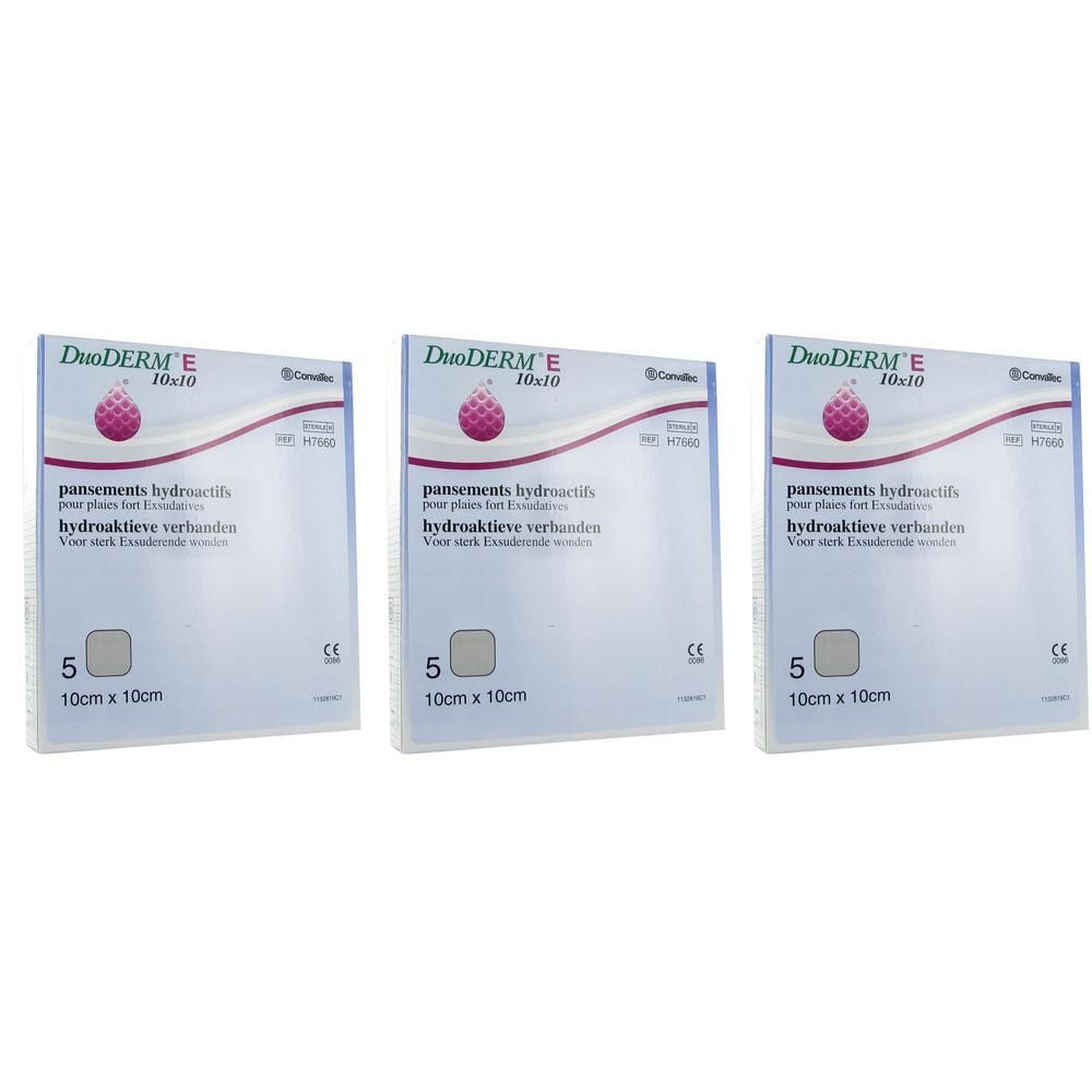 Trois paquets de pansements DuoDERM E hydroactifs, 10cm x 10cm, 5 pansements par paquet.
