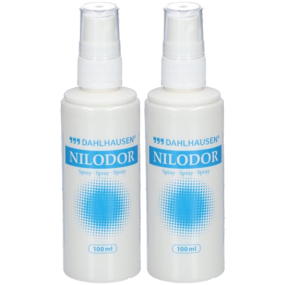 Twee witte spuitflacons van elk 100 ml, met opschrift "Nilodor".