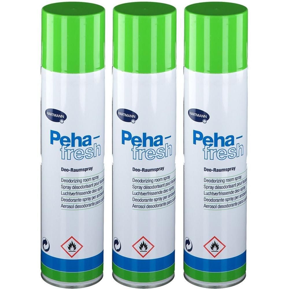 Trois aérosols Peha-fresh Deodorizing Room Spray avec capuchons verts.