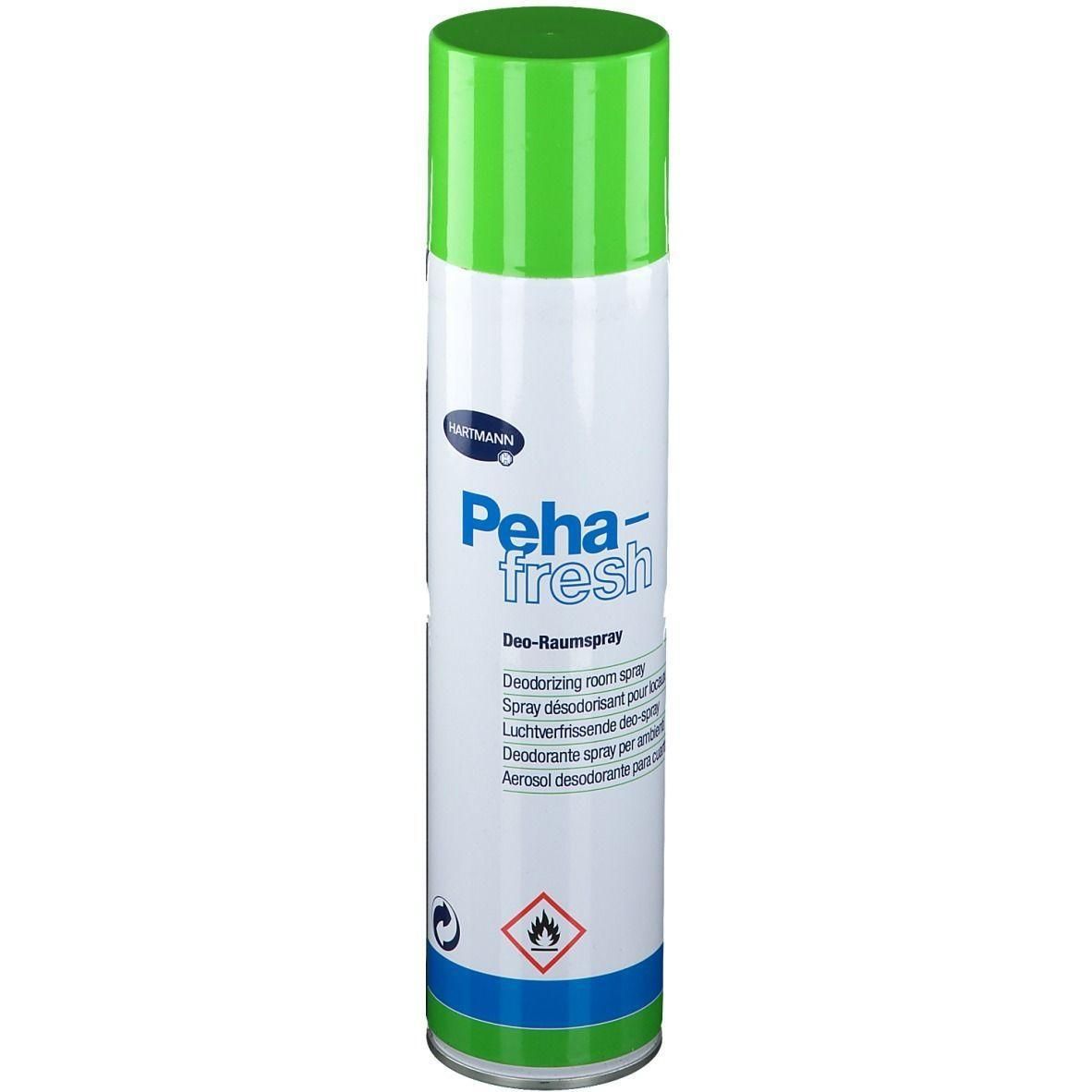 HARTMANN Peha-fresh spray désodorisant pour pièce en boîte blanche avec capuchon vert. Contient des symboles d'avertissement.