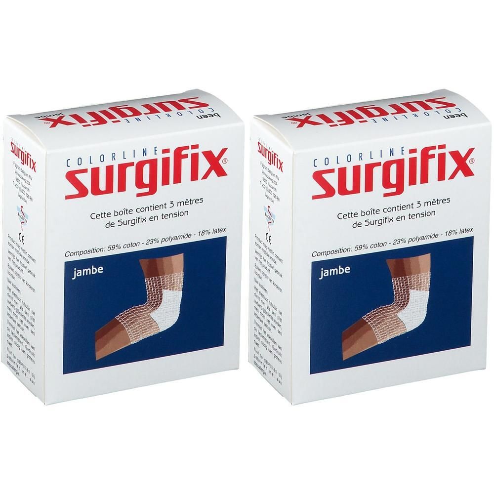 Twee Surgifix Colorline verbanddozen voor been. Toont een verband om een knie gewikkeld.