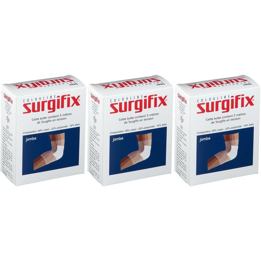 Drie pakken Surgifix voor been. Toont afbeelding van een been met verband.