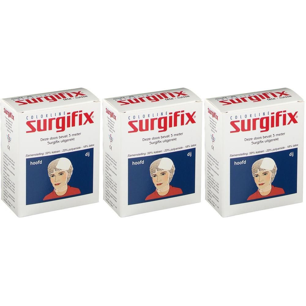 Drie dozen Surgifix, hoofdverband. Elke doos toont een illustratie van een hoofd met verband.