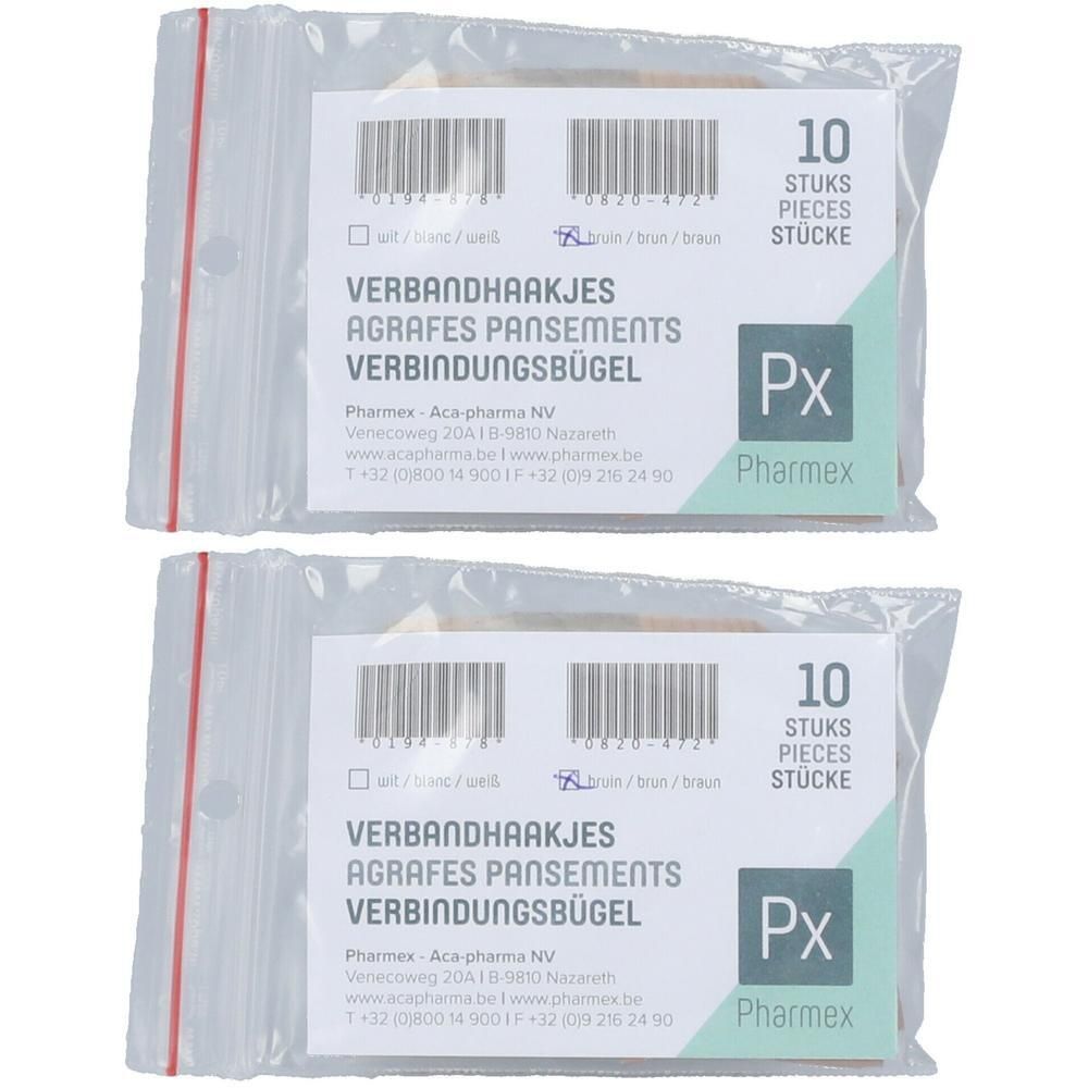 Deux paquets de 10 agrafes de pansement brunes Pharmex.