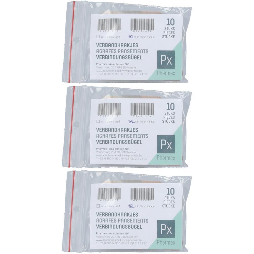 Drie pakjes met 10 verbandklemmen van Pharmex.