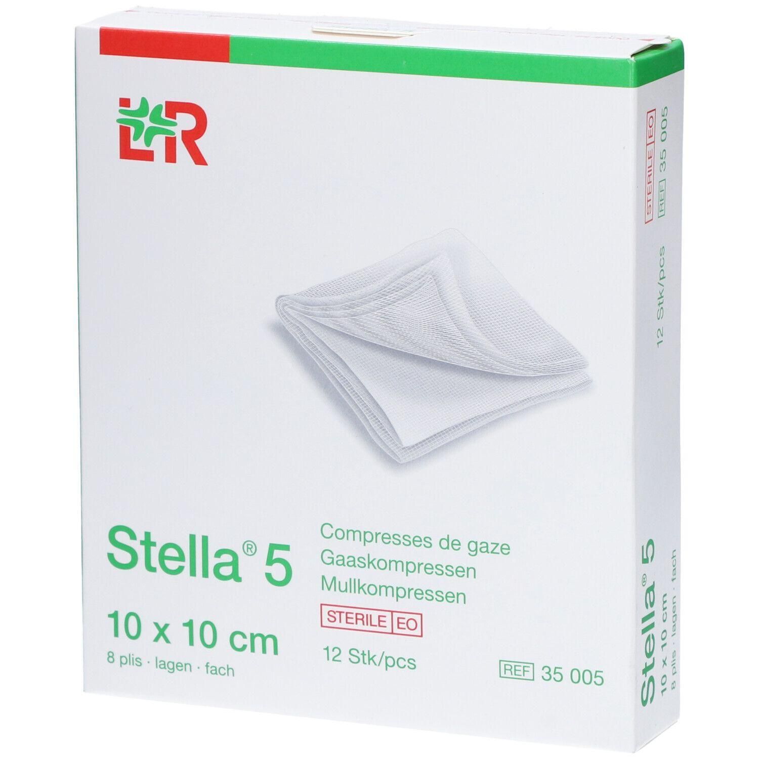 Boîte de compresses de gaze Stella 5, 10x10 cm, stériles.