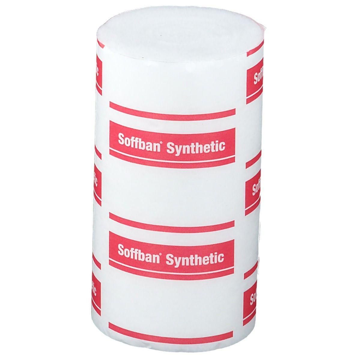 Cilindervormige rol van wit materiaal. Rode tekst "Soffban Synthetic" op het oppervlak.