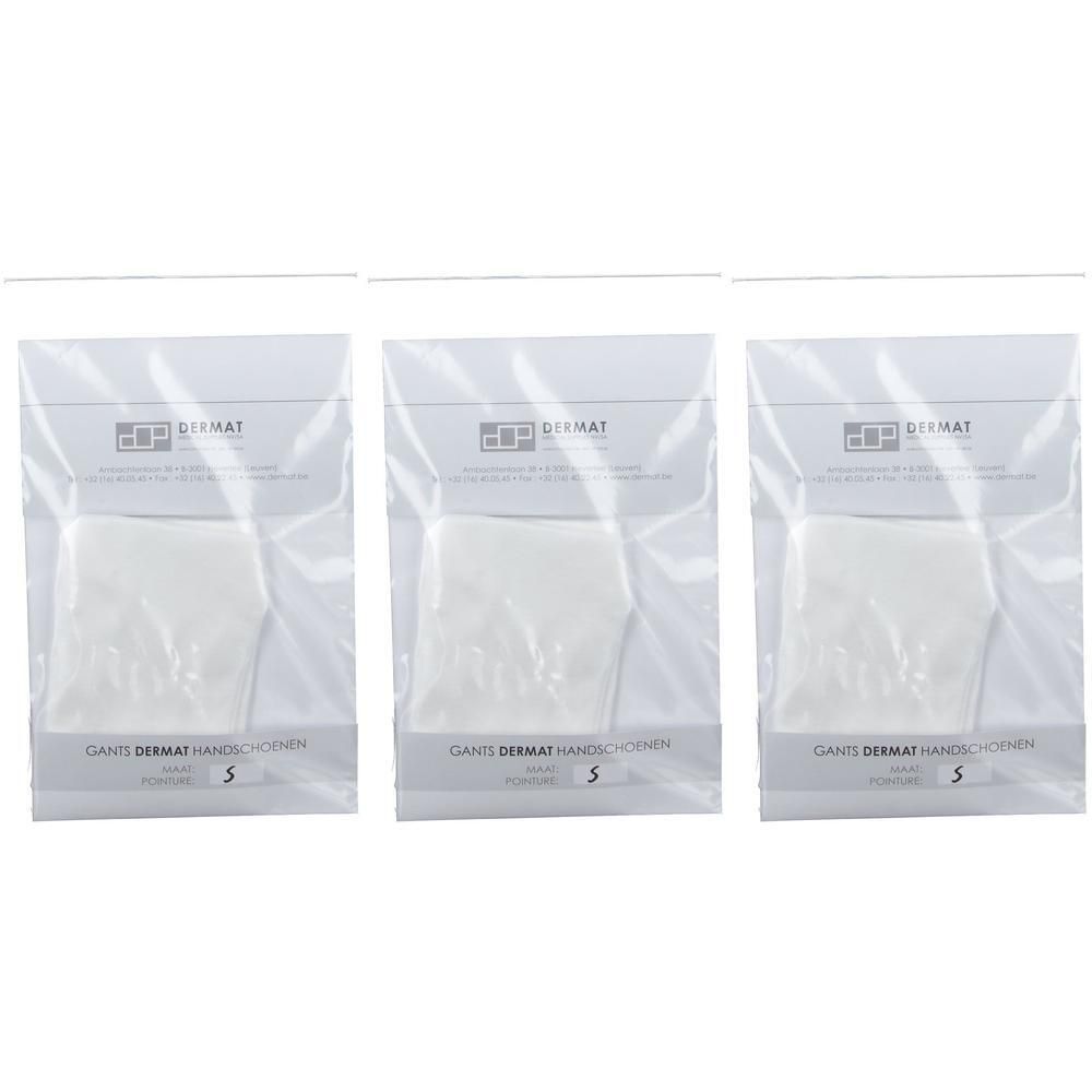 Trois paires de gants en coton blanc sous emballage individuel, taille S.