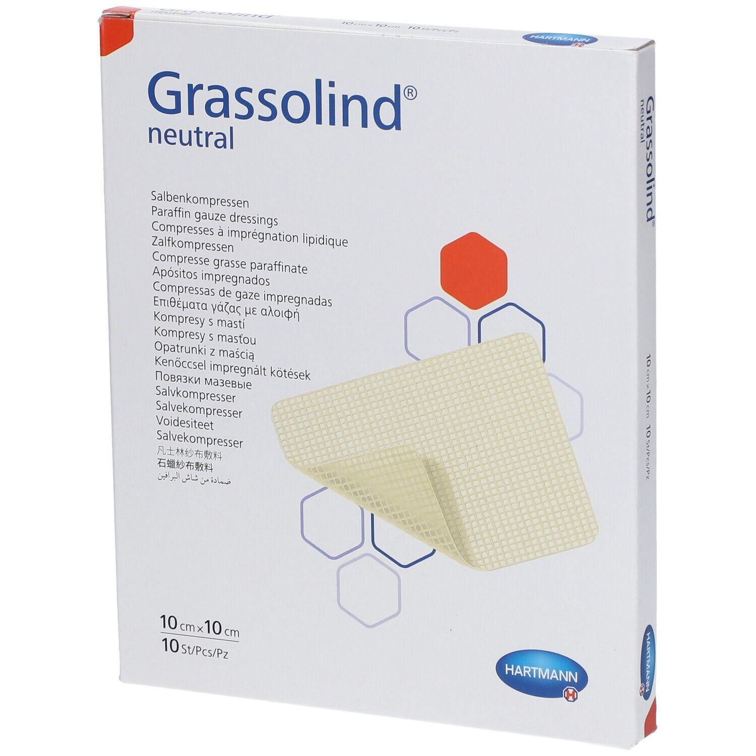 Verpakking Hartmann Grassolind neutral zalfkompressen, 10x10cm.