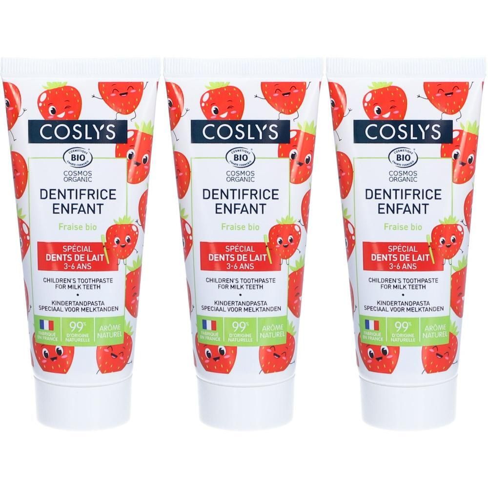 Drie tubes Coslys kinder-tandpasta, aardbeiensmaak, 3-6 jaar.