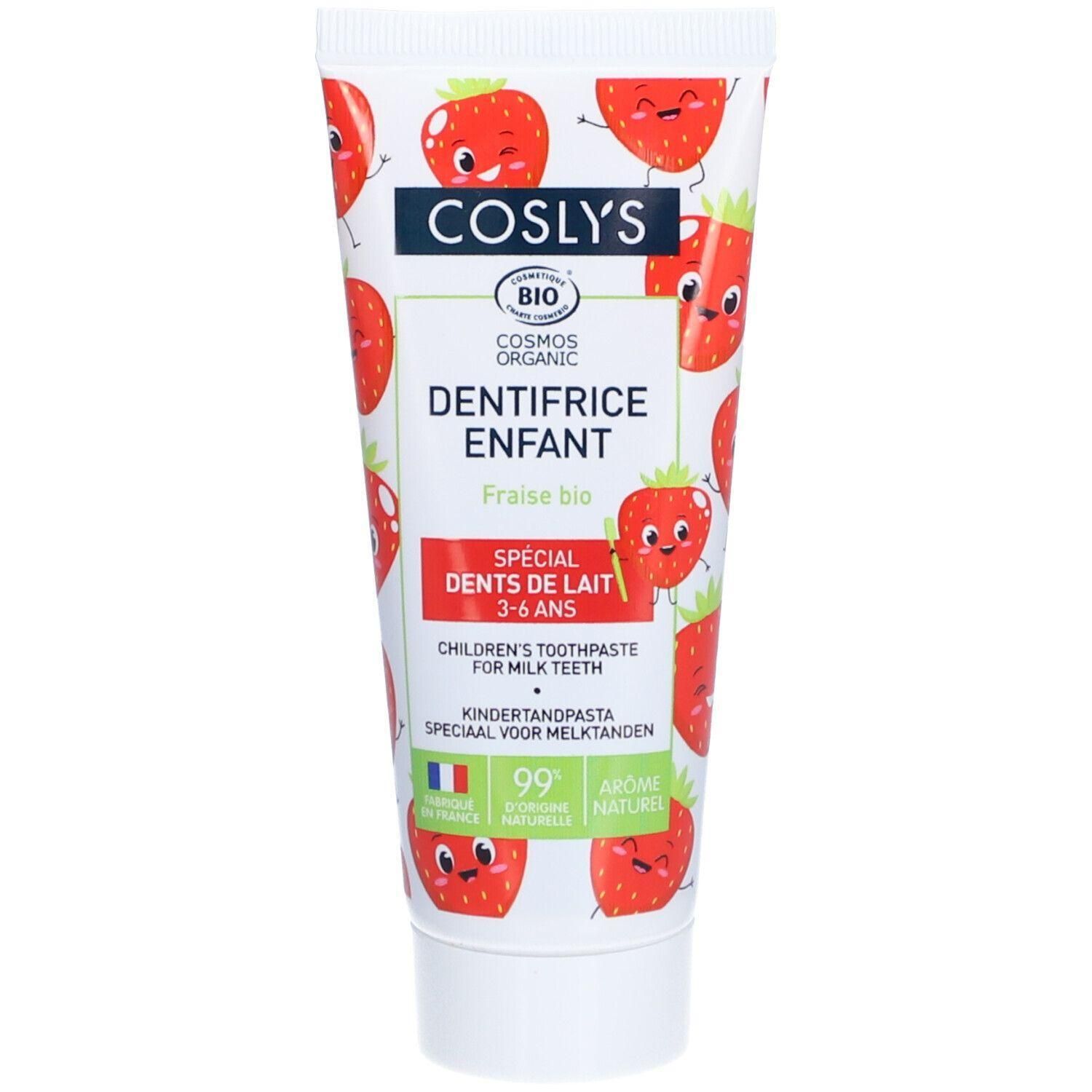 Dentifrice Coslys pour enfants, goût fraise, pour dents de lait, 3-6 ans. Certifié BIO COSMOS ORGANIC.