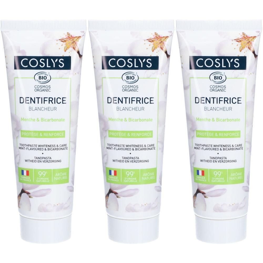 Drie tubes COSLYS Whitening Tandpasta Munt & Bicarbonaat. BIO COSMOS ORGANIC gecertificeerd.