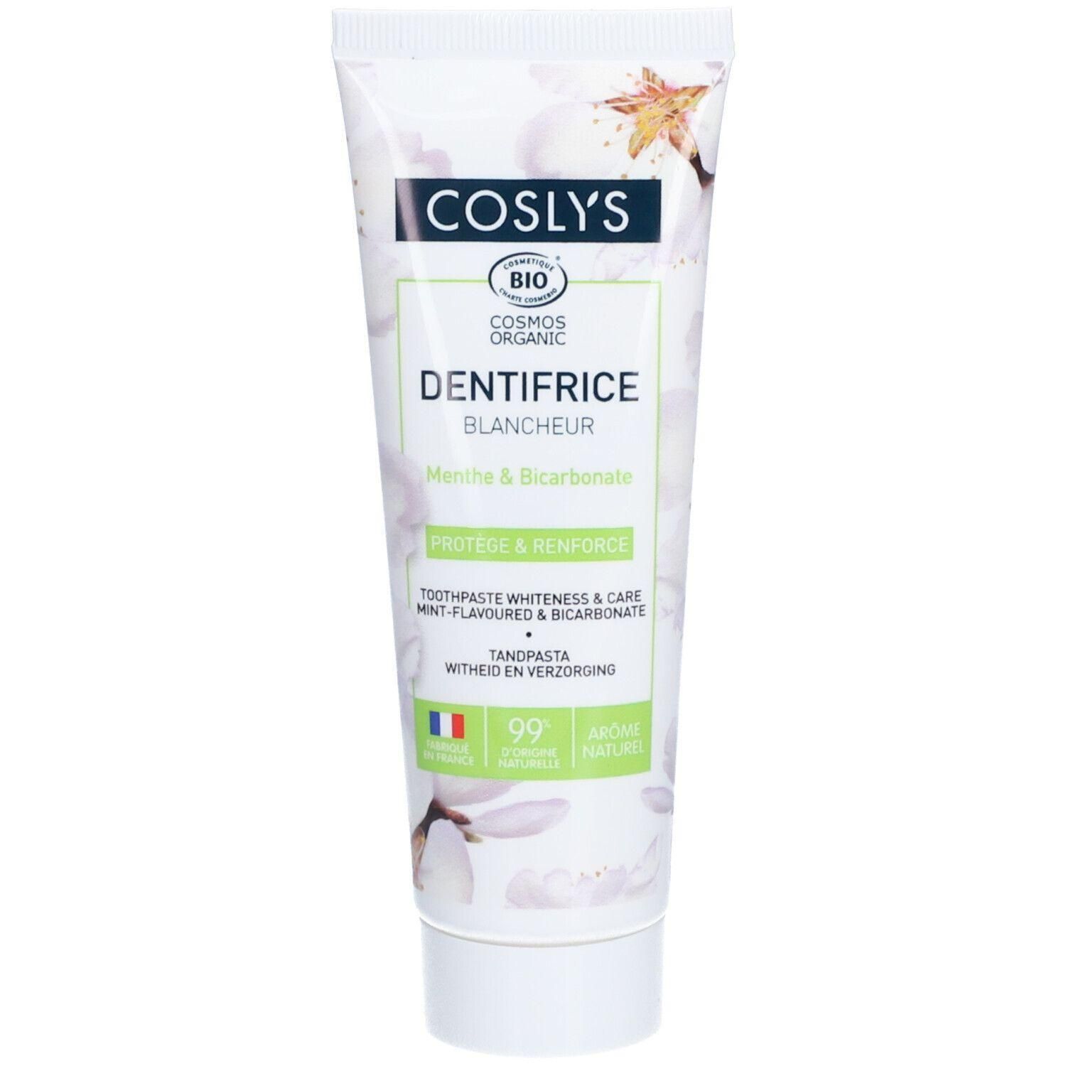 COSLYS BIO Dentifrice Blancheur Menthe & Bicarbonate. Protège & renforce. 99% d'ingrédients naturels.