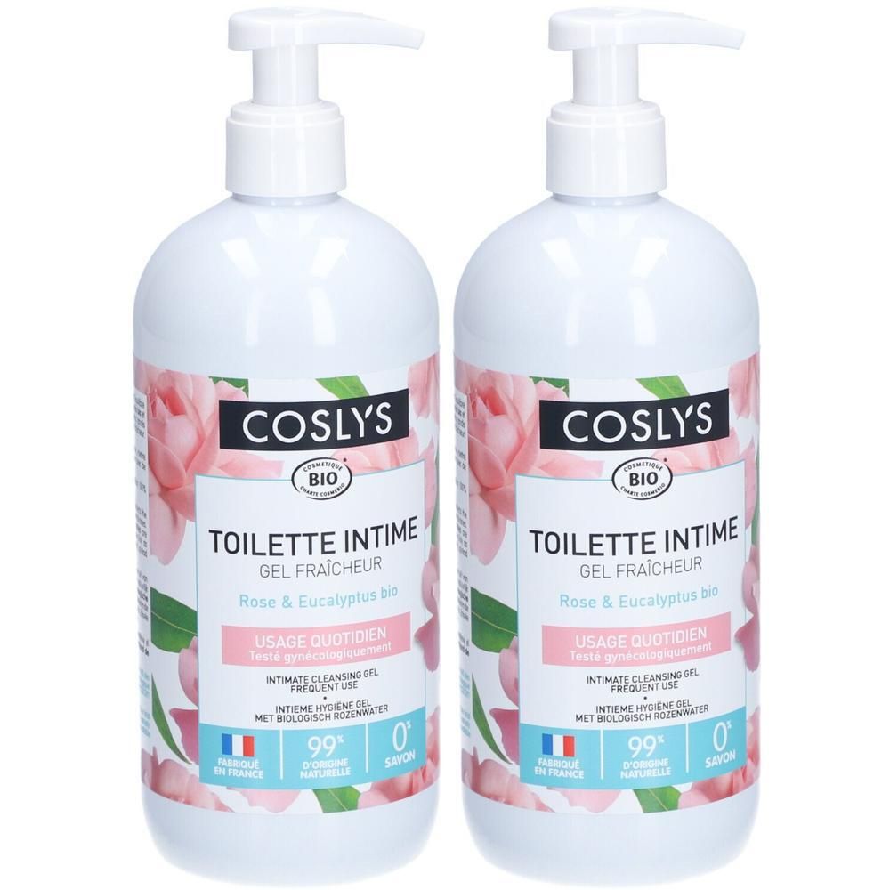 Twee flessen Coslys Intieme reinigingsgel, Rose & Eucalyptus geur.