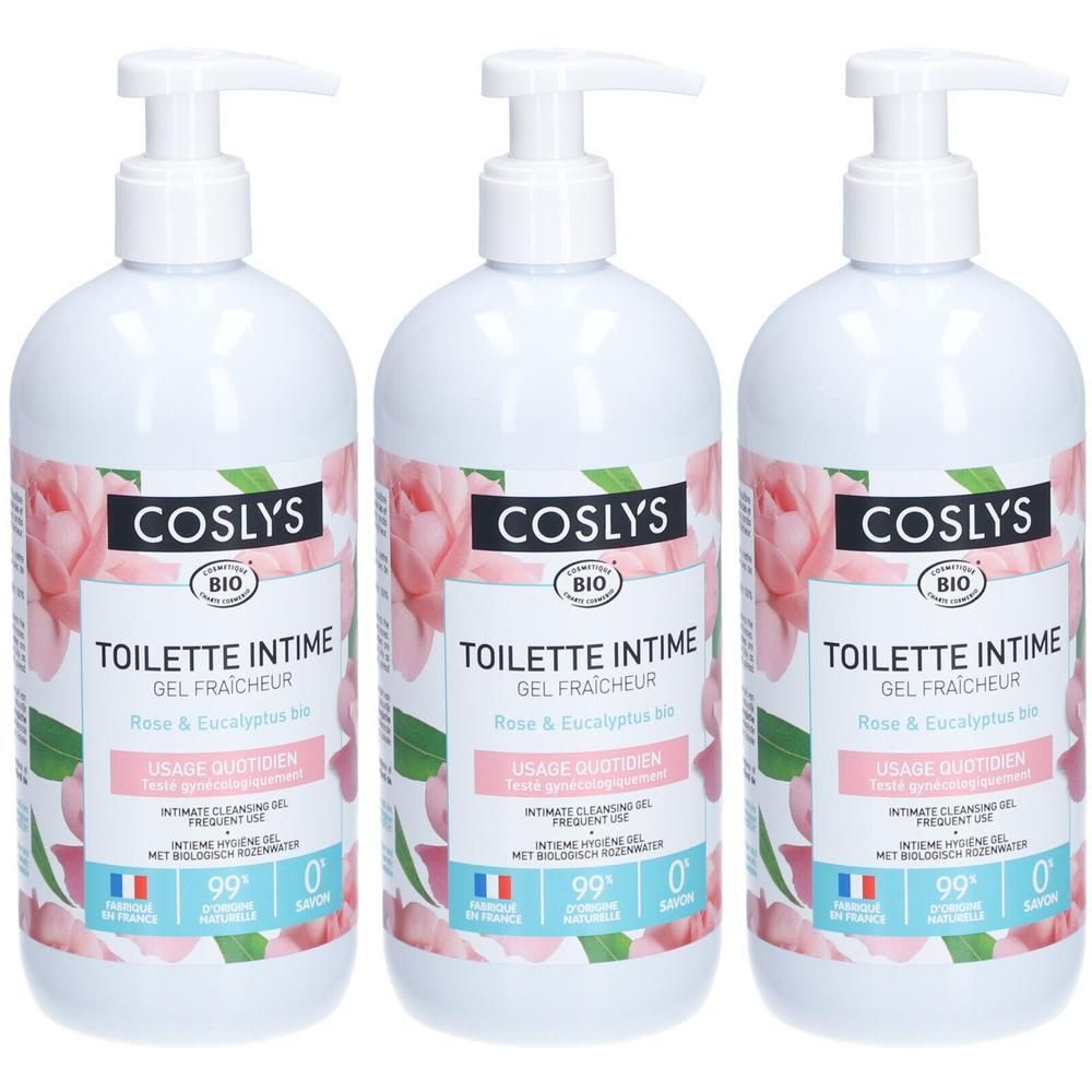 Trois flacons de gel toilette intime Coslys Rose et Eucalyptus. Certifié Bio.