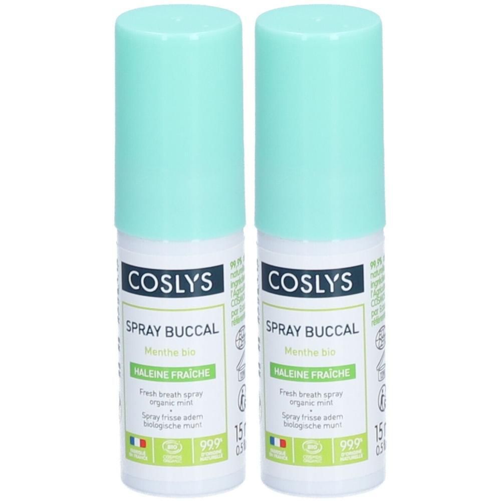 Twee flacons Coslys mondspray met turquoise doppen. Etiketten met "Coslys", "Spray Buccal", "Haleine Fraîche".
