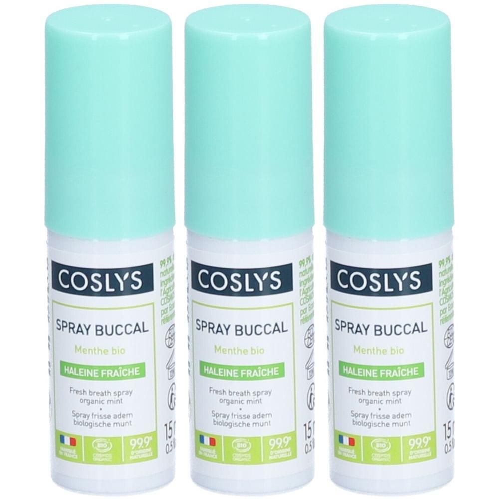 Trois flacons de spray buccal Coslys menthe pour une haleine fraîche. Bouchons verts.