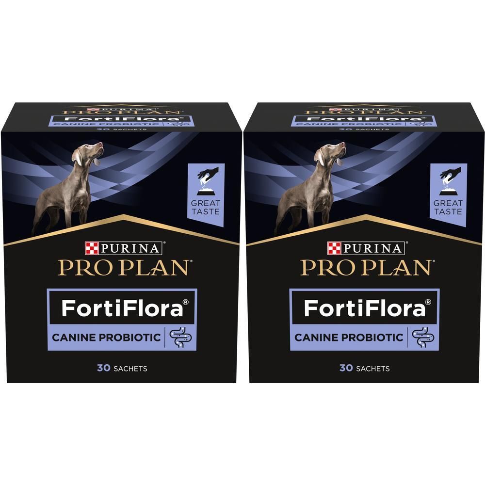 Twee dozen Purina Pro Plan FortiFlora probiotica voor honden, 30 zakjes per doos.
