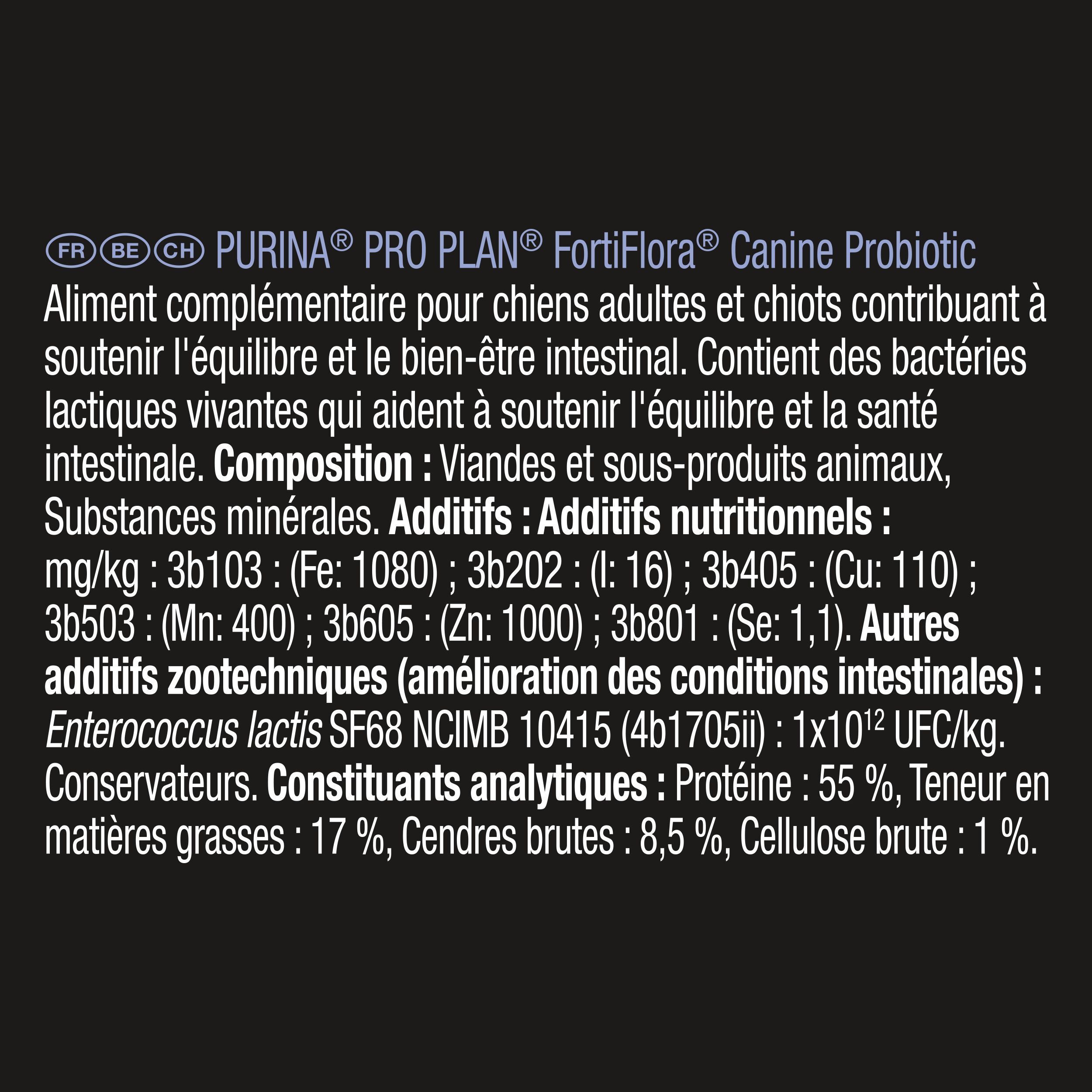 Instructions d'utilisation du probiotique pour chiens Purina Pro Plan FortiFlora en français.