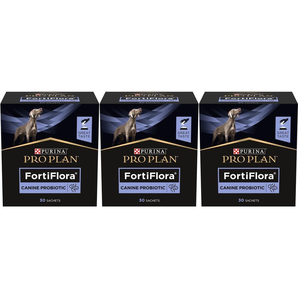 Drie dozen Purina Pro Plan FortiFlora probiotica voor honden.