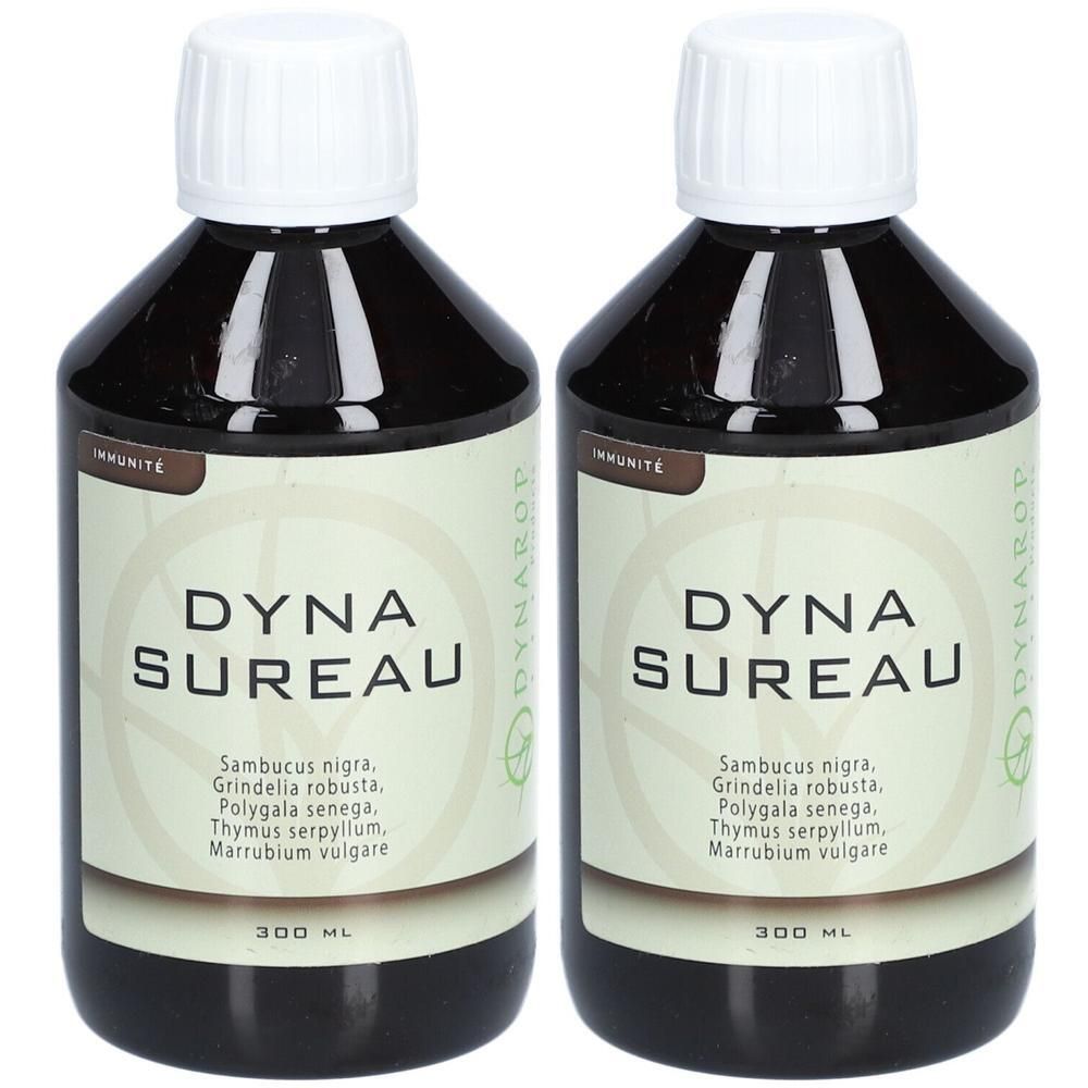 Deux flacons de sirop Dynarop Dynasureau, 300 ml chacun. Liquide foncé avec bouchons blancs.