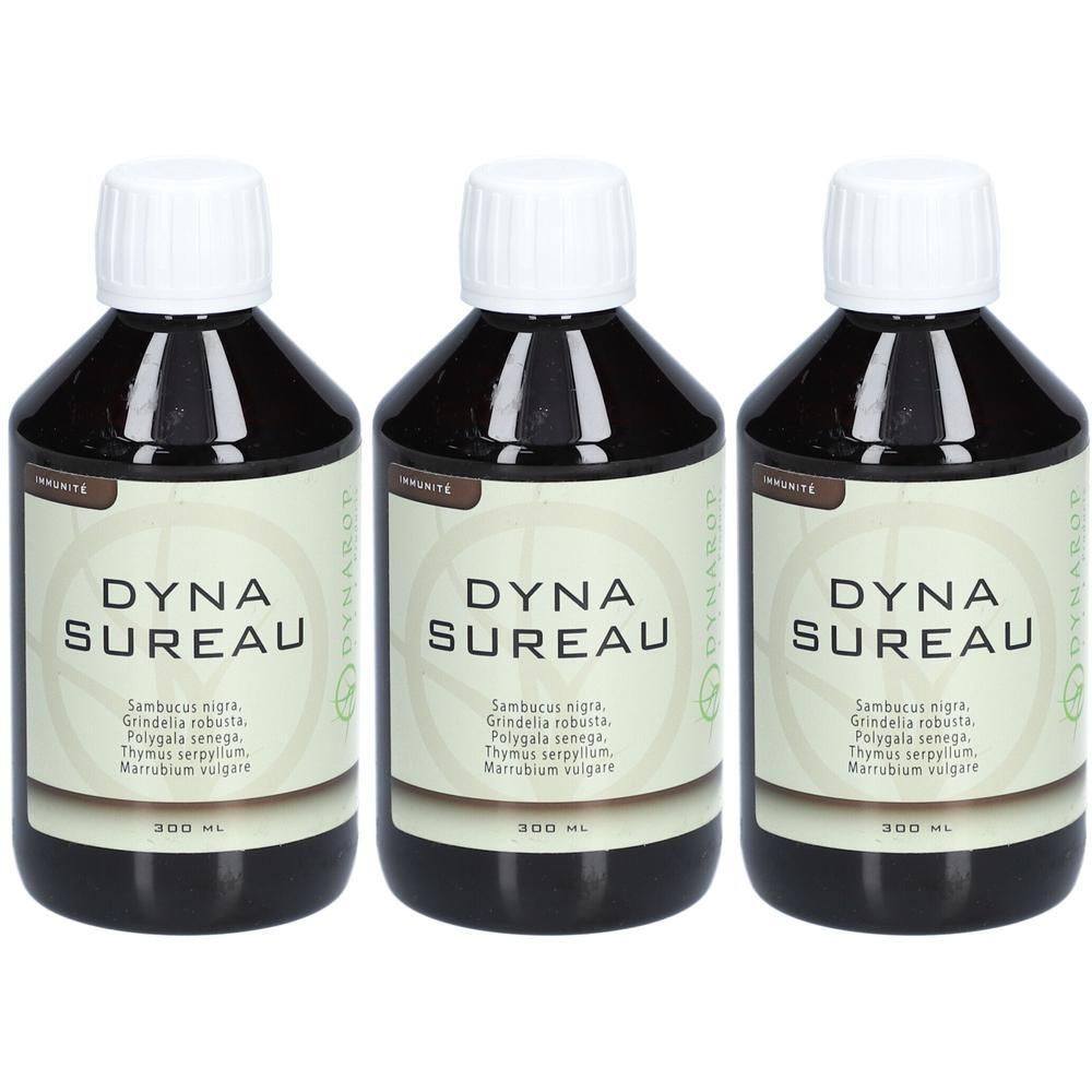 Drie flessen Dynarop Dynasureau siroop met witte doppen en etiketten met ingrediënten en 300 ml.