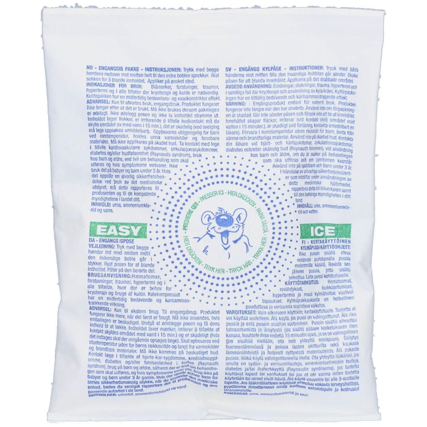 Poche de froid à usage unique avec instructions et logo d'ours. Le paquet est blanc avec des détails bleus et verts.
