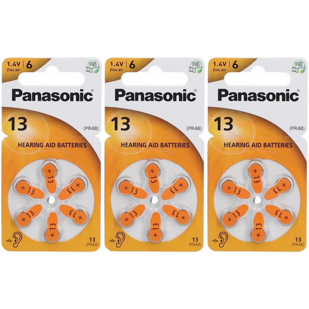 Drie pakken Panasonic gehoorapparaatbatterijen, type 13, oranje.