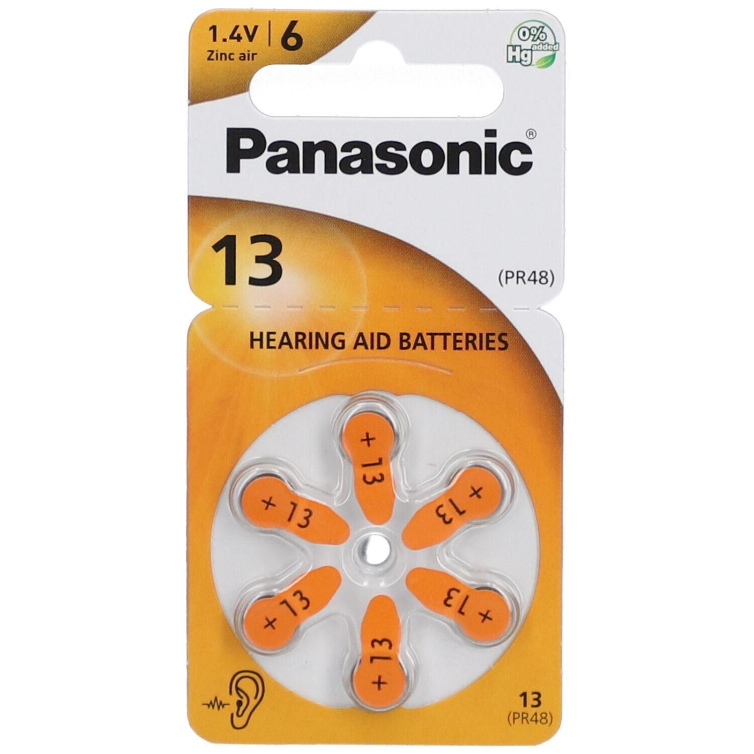 Piles auditives Panasonic, 6 unités, taille 13 (PR48), zinc-air, 1,4V.