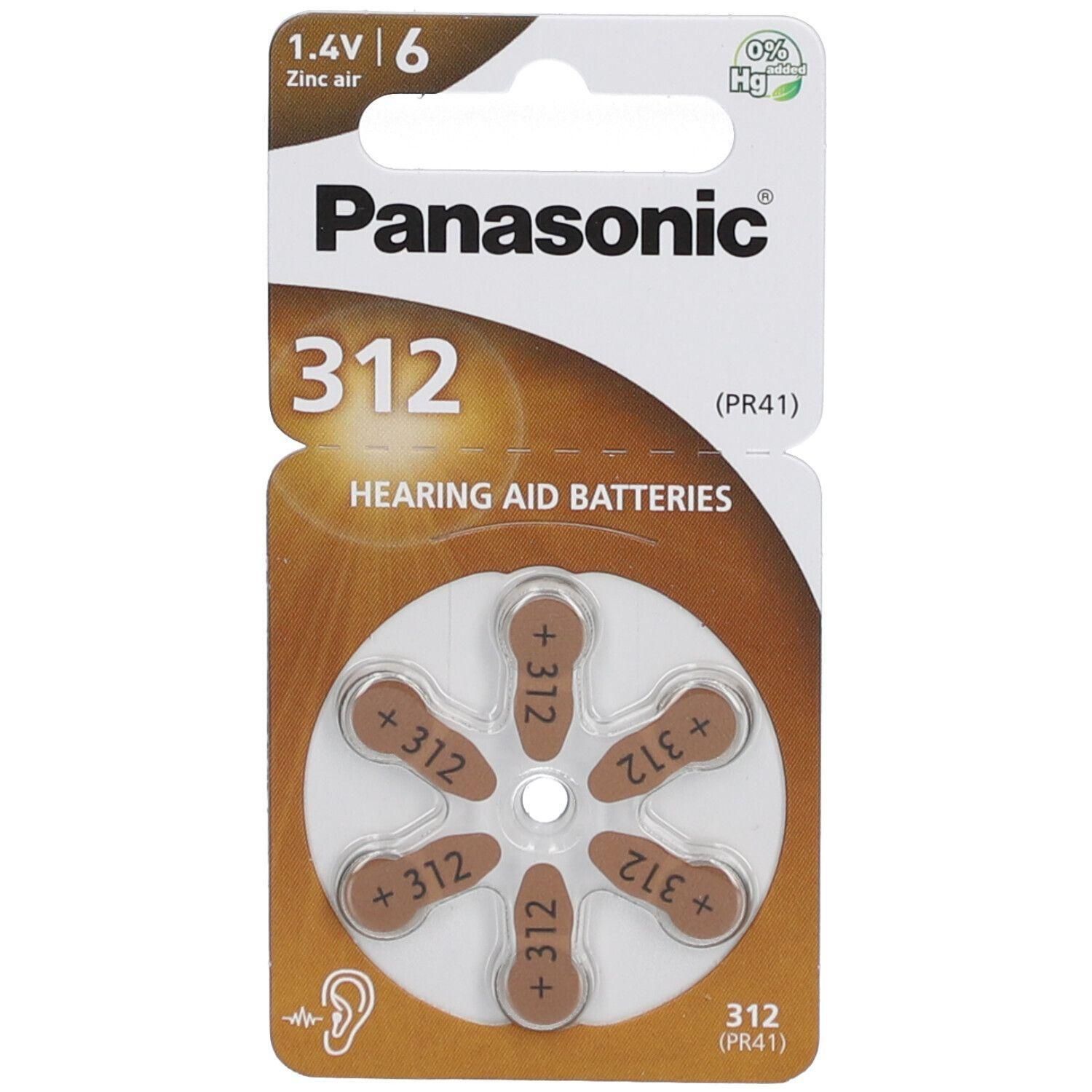 Piles auditives Panasonic 312, 6 pièces, 1.4V, Zinc-air.