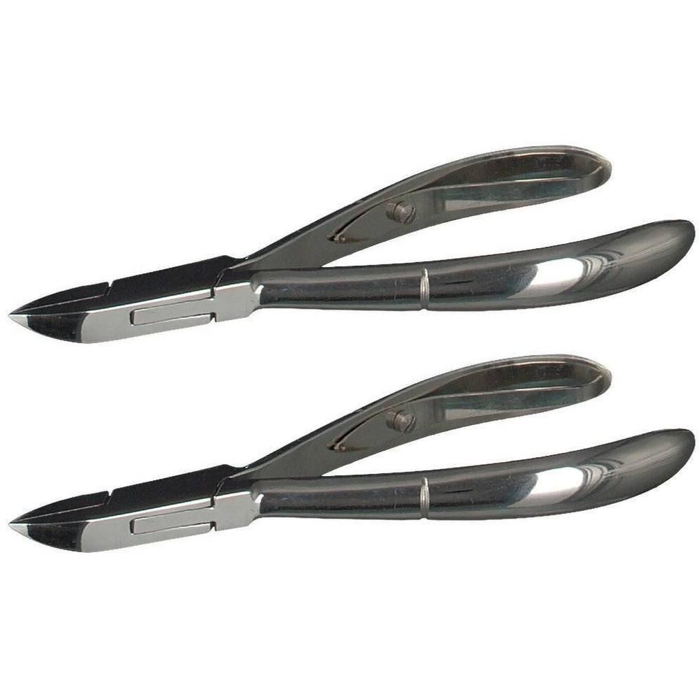 Deux pinces à ongles professionnelles en métal avec poignées courbées et pointes acérées.