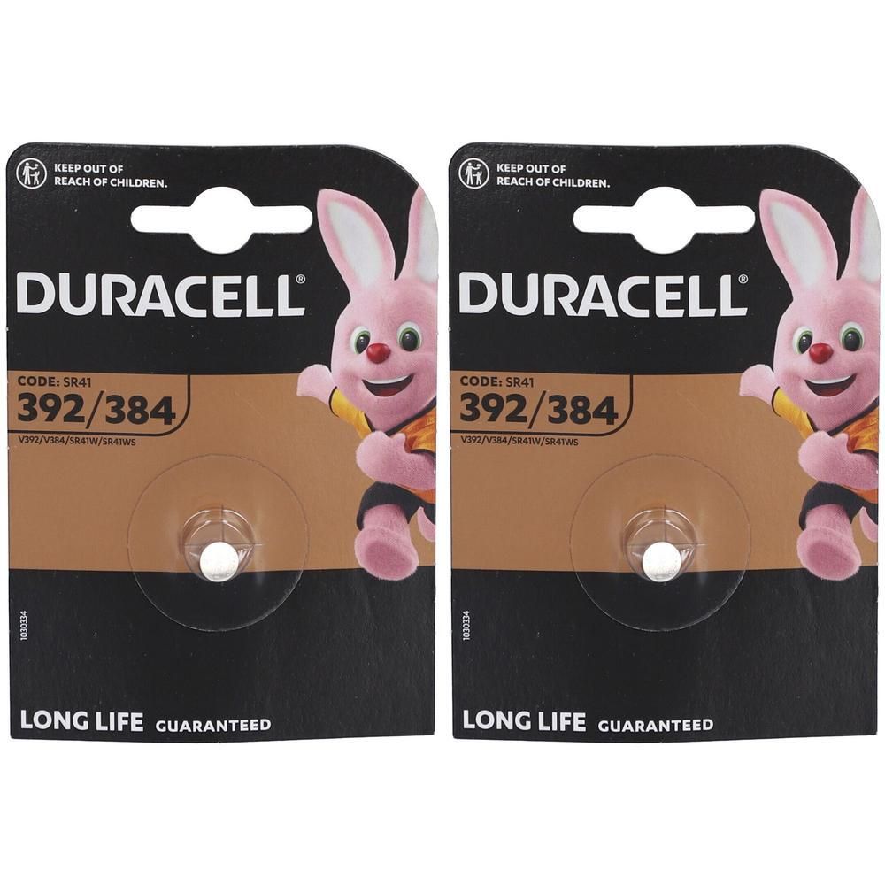 Twee Duracell 392/384 knoopcelbatterijen in blisterverpakking met Duracell-konijnmascotte.