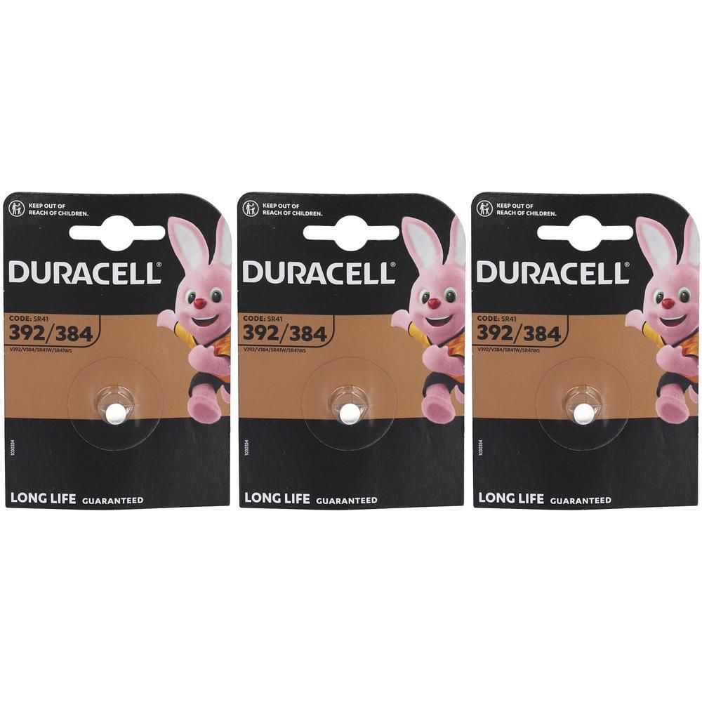 Trois piles bouton Duracell 392/384 sous blister avec logo de lapin Duracell.