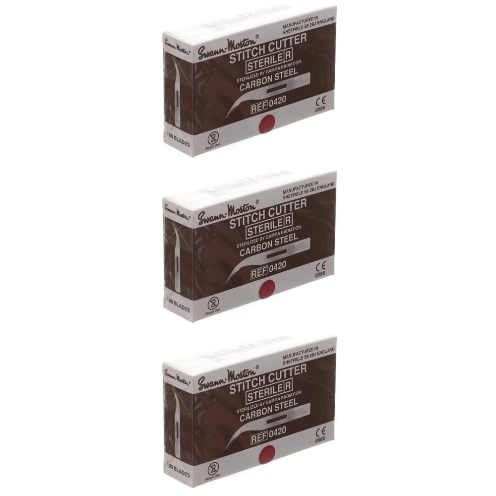 Drie dozen Swann-Morton Stitch Cutter, steriel, koolstofstaal, REF 0420.