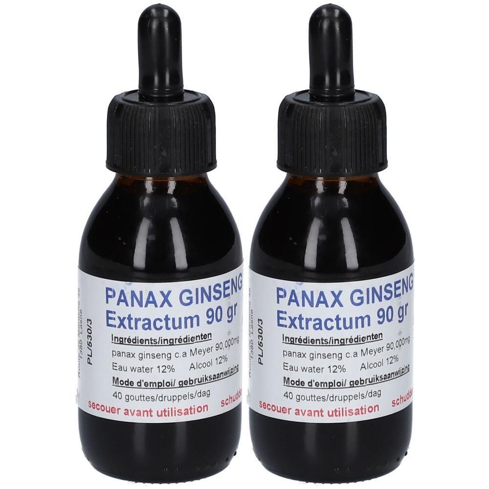 Deux flacons de Panax Ginseng Extractum 90 gr avec bouchon compte-gouttes. Liquide foncé.