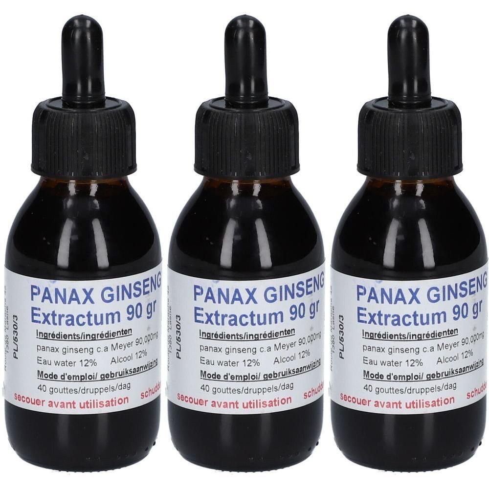Drie flessen Panax Ginseng Extractum 90 gr met druppeldop.