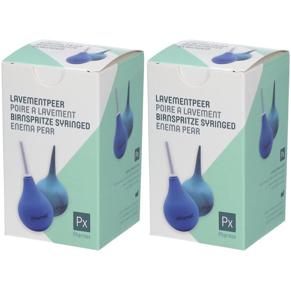 Deux paquets d'une poire à lavement bleue à embout fin. Emballage cartonné avec illustrations du produit et texte.