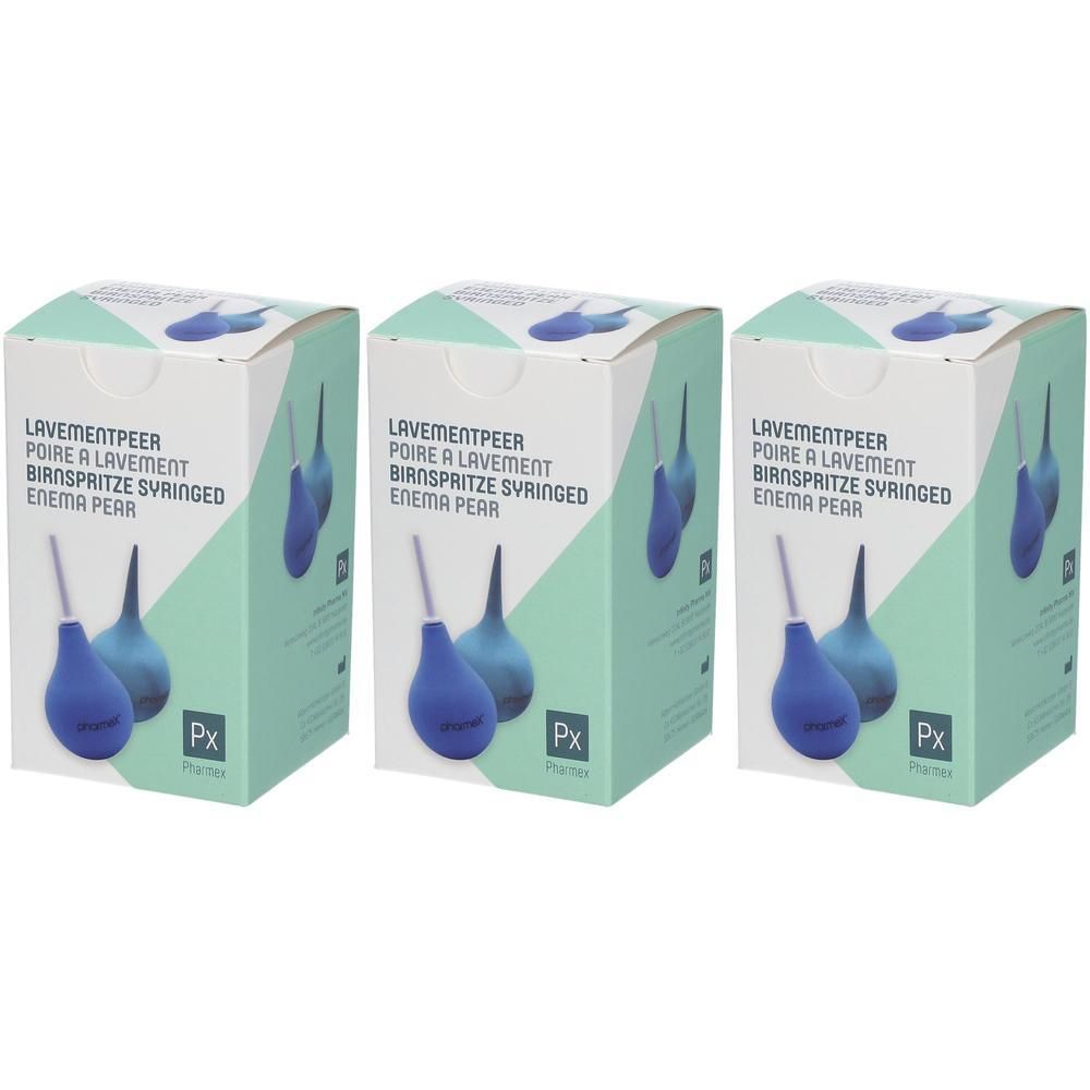 Trois boîtes d'une poire à lavement bleue à embout fin.