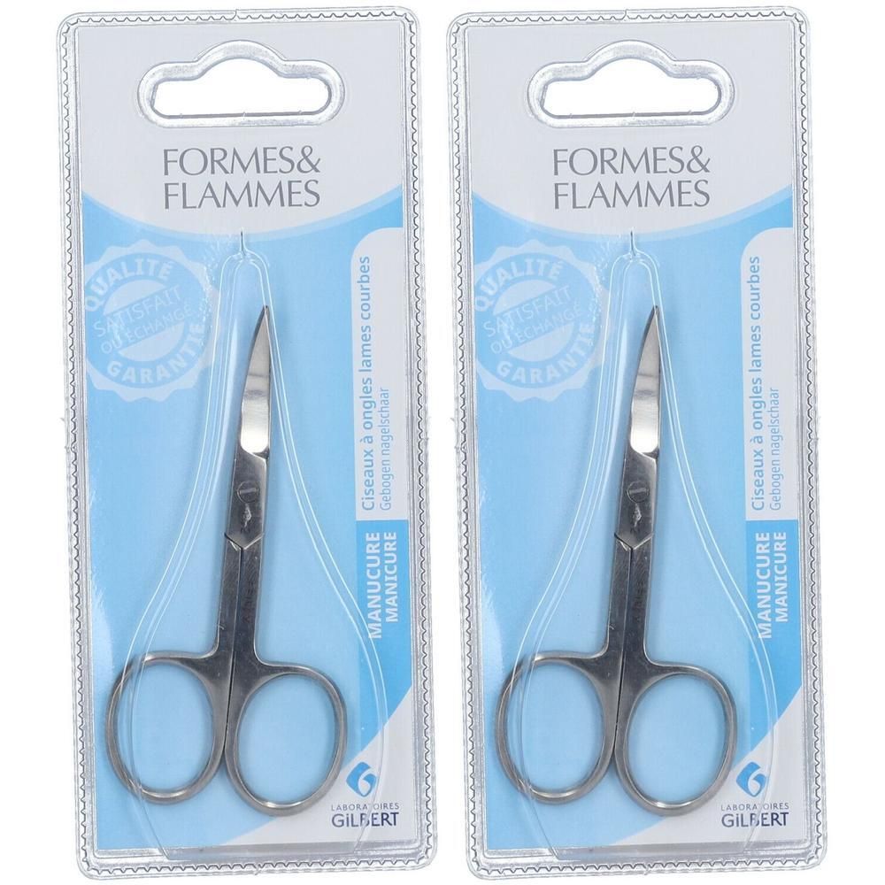 Deux paires de ciseaux à ongles courbés Formes & Flammes sous blister.